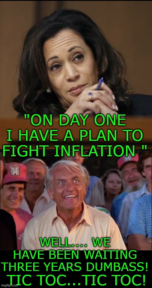 just the facts jack | "ON DAY ONE I HAVE A PLAN TO FIGHT INFLATION "; WELL.... WE HAVE BEEN WAITING THREE YEARS DUMBASS! TIC TOC...TIC TOC! | image tagged in kamala harris,well we're waiting | made w/ Imgflip meme maker