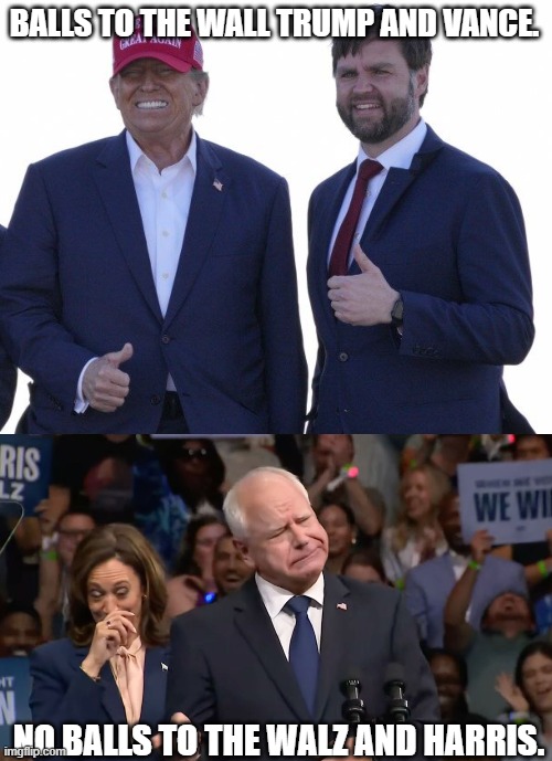 The saying means giving your all or going all out. . . .something Harris and Walz never did. . .well maybe Harris. . .*cough!* | BALLS TO THE WALL TRUMP AND VANCE. NO BALLS TO THE WALZ AND HARRIS. | image tagged in trump vance,tim walz and kamala harris,election 2024,politics,political humor | made w/ Imgflip meme maker