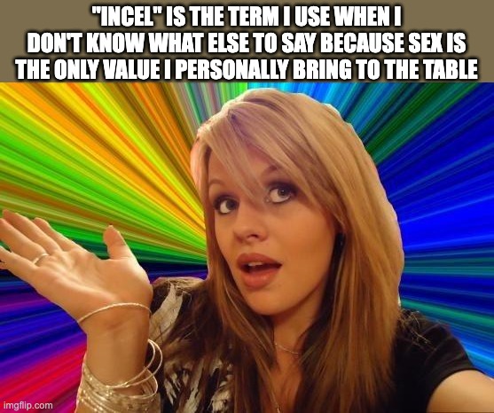 Dumb Blonde Meme | "INCEL" IS THE TERM I USE WHEN I DON'T KNOW WHAT ELSE TO SAY BECAUSE SEX IS THE ONLY VALUE I PERSONALLY BRING TO THE TABLE | image tagged in memes,dumb blonde | made w/ Imgflip meme maker