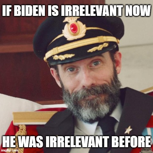 Captain Obvious | IF BIDEN IS IRRELEVANT NOW HE WAS IRRELEVANT BEFORE | image tagged in captain obvious | made w/ Imgflip meme maker