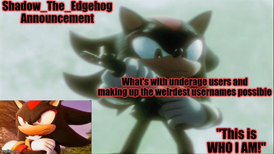 Remastered Shadow_The_Edgehog Announcement template | What's with underage users and making up the weirdest usernames possible | image tagged in remastered shadow_the_edgehog announcement template | made w/ Imgflip meme maker