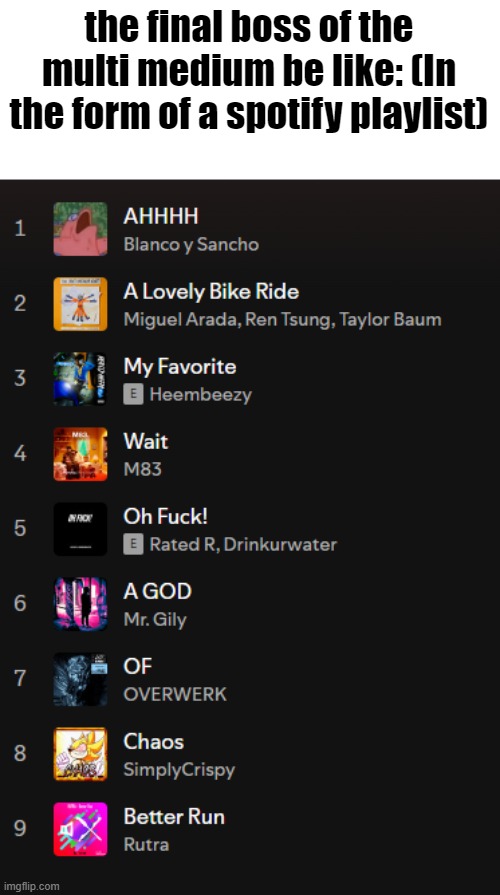 a lovely bike ride is a banger tbh | the final boss of the multi medium be like: (In the form of a spotify playlist) | image tagged in multi medium | made w/ Imgflip meme maker