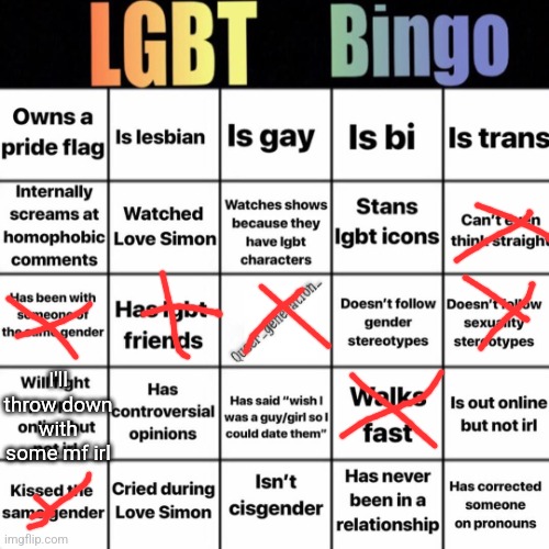 LGBTQ bingo | I'll throw down with some mf irl | image tagged in lgbtq bingo | made w/ Imgflip meme maker