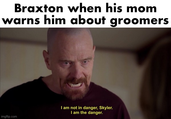 i am not in danger skyler i am the danger | Braxton when his mom warns him about groomers | image tagged in i am not in danger skyler i am the danger | made w/ Imgflip meme maker