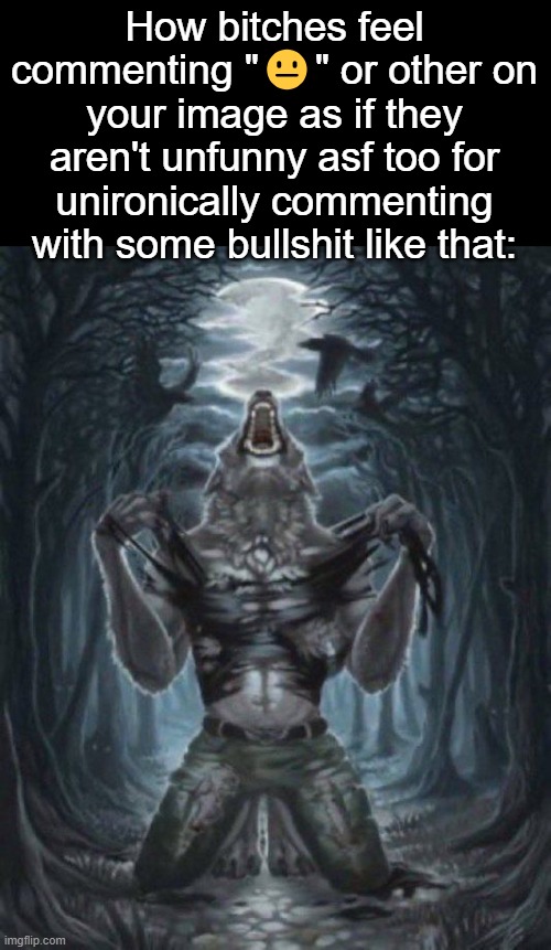 alpha wolf | How bitches feel commenting "😐" or other on your image as if they aren't unfunny asf too for unironically commenting with some bullshit like that: | image tagged in alpha wolf | made w/ Imgflip meme maker
