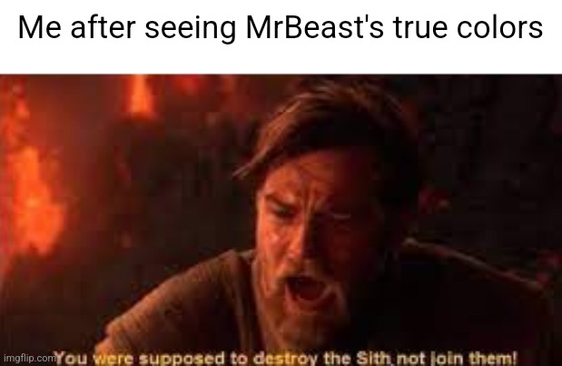 You were the chosen one | Me after seeing MrBeast's true colors | image tagged in you were supposed to destroy the sith,you were the chosen one star wars,obi wan kenobi,mrbeast,youtube,memes | made w/ Imgflip meme maker