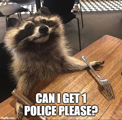 Hungry Racoon | CAN I GET 1 POLICE PLEASE? | image tagged in hungry racoon | made w/ Imgflip meme maker