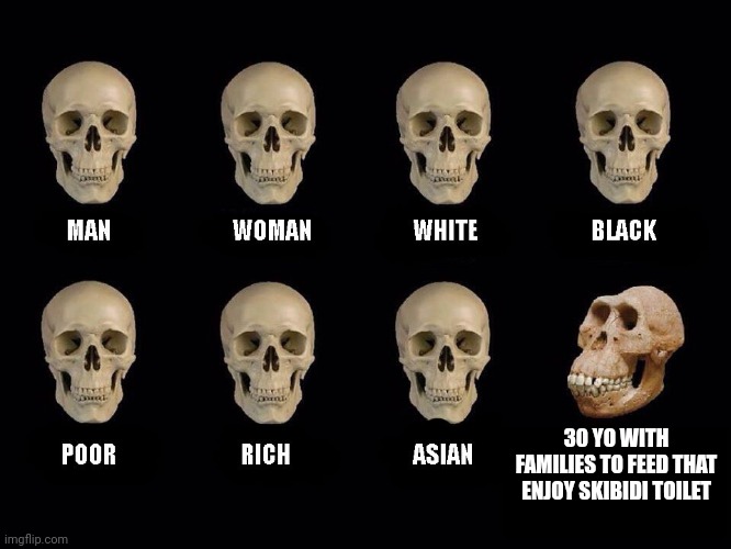 Skull | 30 YO WITH FAMILIES TO FEED THAT ENJOY SKIBIDI TOILET | image tagged in empty skulls of truth | made w/ Imgflip meme maker