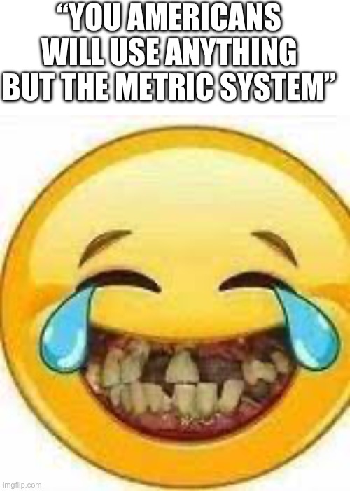 “YOU AMERICANS WILL USE ANYTHING BUT THE METRIC SYSTEM” | image tagged in blank white template,bri'ish emoji | made w/ Imgflip meme maker