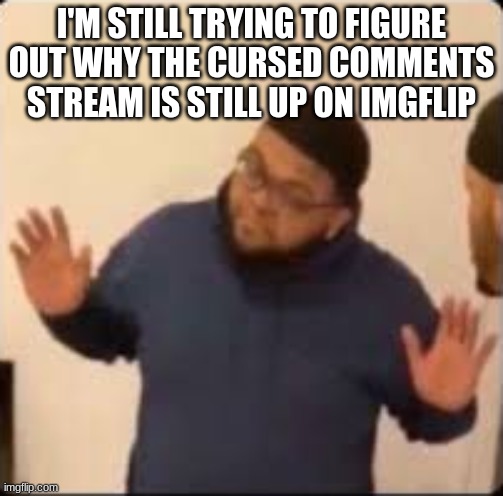 2 seconds scrolling through the images and you're gonna find like 20 things breaking tos | I'M STILL TRYING TO FIGURE OUT WHY THE CURSED COMMENTS STREAM IS STILL UP ON IMGFLIP | image tagged in druski hands up | made w/ Imgflip meme maker
