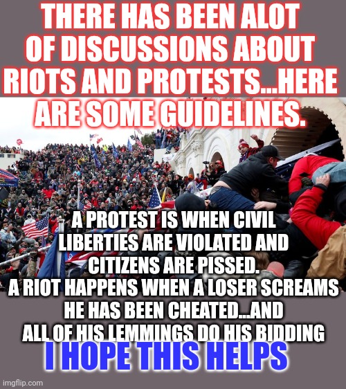 Lemmings doing what lemmings do | THERE HAS BEEN ALOT OF DISCUSSIONS ABOUT RIOTS AND PROTESTS...HERE ARE SOME GUIDELINES. A PROTEST IS WHEN CIVIL LIBERTIES ARE VIOLATED AND CITIZENS ARE PISSED.
A RIOT HAPPENS WHEN A LOSER SCREAMS HE HAS BEEN CHEATED...AND ALL OF HIS LEMMINGS DO HIS BIDDING; I HOPE THIS HELPS | image tagged in capitol terrorists | made w/ Imgflip meme maker