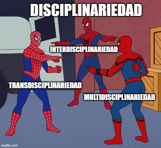 meme educativo | DISCIPLINARIEDAD; INTERDISCIPLINARIEDAD; TRANSDISCIPLINARIEDAD; MULTIDISCIPLINARIEDAD | image tagged in spider man triple | made w/ Imgflip meme maker