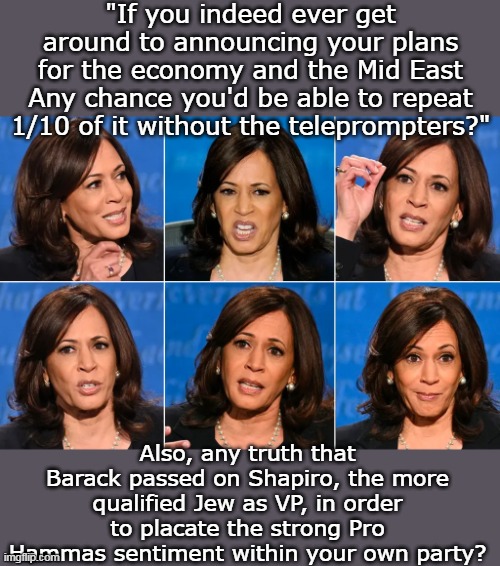 I'd only have 2 questions (for starters, anyway) | "If you indeed ever get around to announcing your plans for the economy and the Mid East
Any chance you'd be able to repeat 1/10 of it without the teleprompters?"; Also, any truth that Barack passed on Shapiro, the more qualified Jew as VP, in order to placate the strong Pro Hammas sentiment within your own party? | image tagged in kamala on economy and mid east meme | made w/ Imgflip meme maker