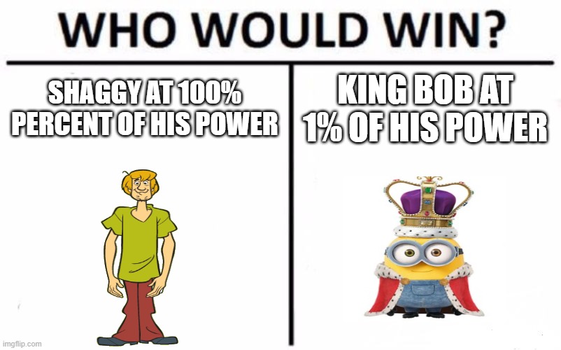 I think we all know. | SHAGGY AT 100% PERCENT OF HIS POWER; KING BOB AT 1% OF HIS POWER | image tagged in memes,who would win,king bob,shaggy | made w/ Imgflip meme maker