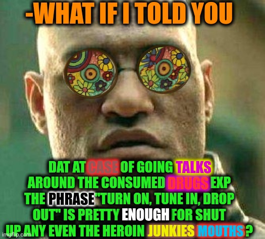 -Go bite my heck! | -WHAT IF I TOLD YOU; CASE; DAT AT CASE OF GOING TALKS AROUND THE CONSUMED DRUGS EXP THE PHRASE "TURN ON, TUNE IN, DROP OUT" IS PRETTY ENOUGH FOR SHUT UP ANY EVEN THE HEROIN JUNKIES MOUTHS? TALKS; DRUGS; PHRASE; ENOUGH; JUNKIES; MOUTHS | image tagged in acid kicks in morpheus,turning red,talk to spongebob,don't do drugs,shut up and take my money fry,police chasing guy | made w/ Imgflip meme maker