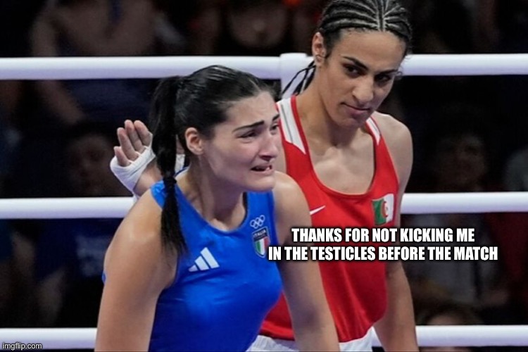 Imane khelif | THANKS FOR NOT KICKING ME IN THE TESTICLES BEFORE THE MATCH | image tagged in imane khelif | made w/ Imgflip meme maker