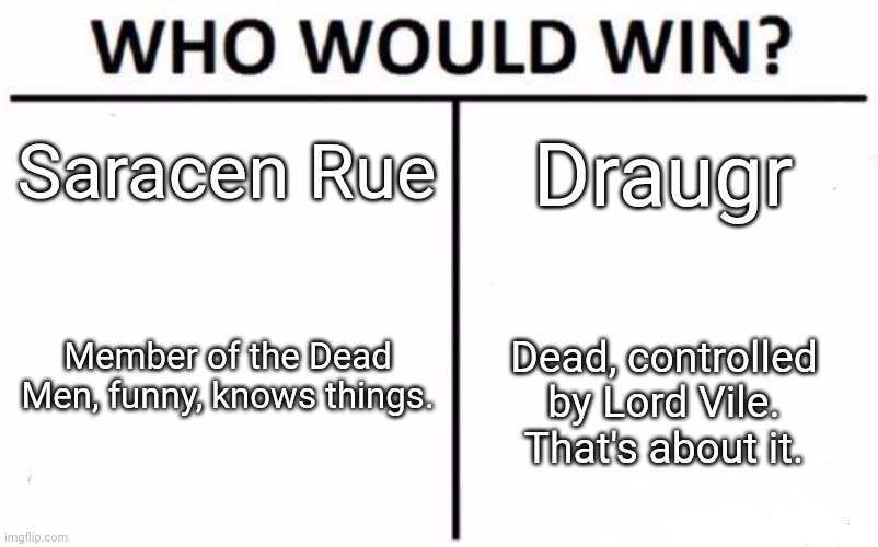 Sorta spoilers for Seasons of War, the book that destroyed my life. | Saracen Rue; Draugr; Member of the Dead Men, funny, knows things. Dead, controlled by Lord Vile. That's about it. | image tagged in memes,who would win | made w/ Imgflip meme maker