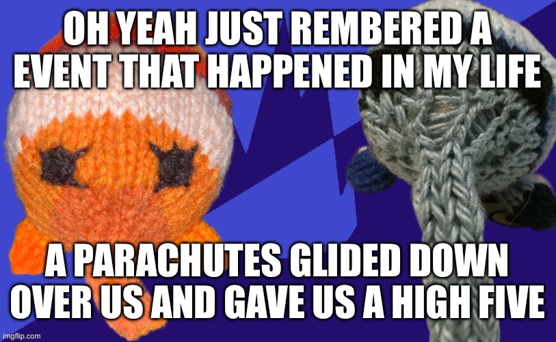 Bob and Rob after their parents divorced | OH YEAH JUST REMBERED A EVENT THAT HAPPENED IN MY LIFE; A PARACHUTES GLIDED DOWN OVER US AND GAVE US A HIGH FIVE | image tagged in bob and rob after their parents divorced | made w/ Imgflip meme maker