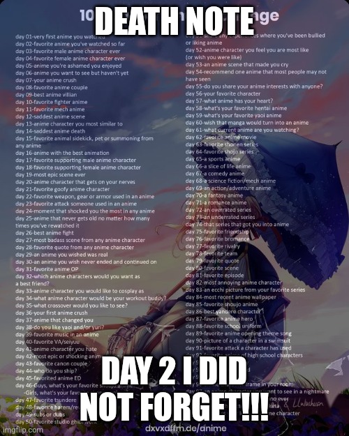 Yay day 2 | DEATH NOTE; DAY 2 I DID NOT FORGET!!! | image tagged in 100 day anime challenge | made w/ Imgflip meme maker