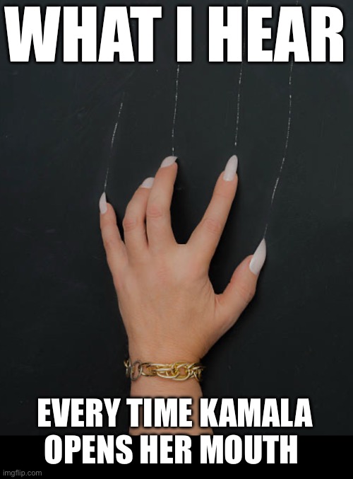 She’s a cackling moronic fool | WHAT I HEAR; EVERY TIME KAMALA OPENS HER MOUTH | image tagged in nails on a chalkboard | made w/ Imgflip meme maker