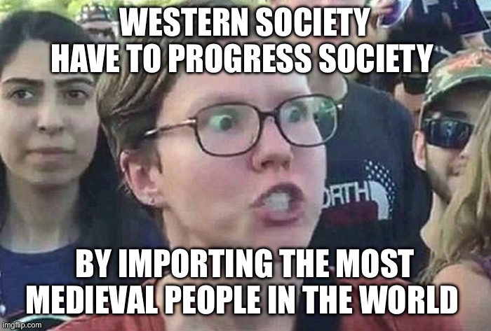 Triggered Liberal | WESTERN SOCIETY HAVE TO PROGRESS SOCIETY; BY IMPORTING THE MOST MEDIEVAL PEOPLE IN THE WORLD | image tagged in triggered liberal,islam,progressives,immigration,illegal immigration | made w/ Imgflip meme maker