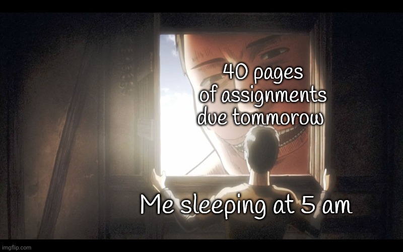 Attack on Titans | 40 pages of assignments due tommorow; Me sleeping at 5 am | image tagged in attack on titans | made w/ Imgflip meme maker