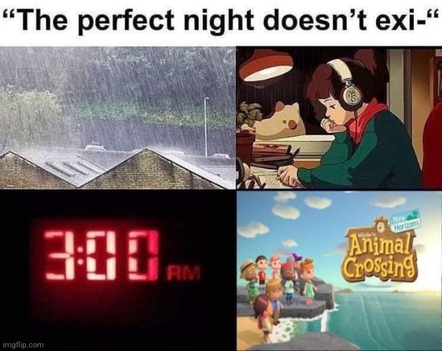 The perfect night doesn't exi | image tagged in animal crossing,lo-fi,rain,memes,3am,funny | made w/ Imgflip meme maker