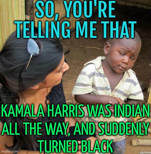 So, You're Telling Me That; Kamala Harris Was Indian All The Way, And Suddenly Turned Black | SO, YOU'RE TELLING ME THAT; KAMALA HARRIS WAS INDIAN
ALL THE WAY, AND SUDDENLY
TURNED BLACK | image tagged in black kid,racism,racist,scumbag america,donald trump,kamala harris | made w/ Imgflip meme maker