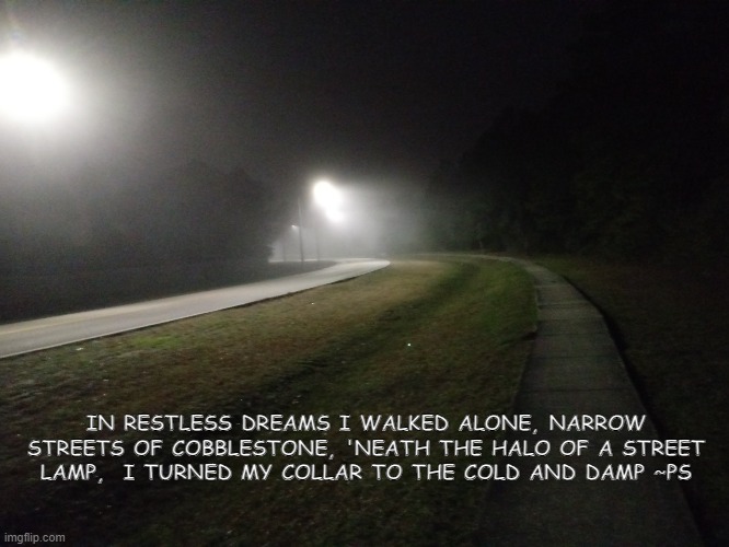 IN RESTLESS DREAMS I WALKED ALONE, NARROW STREETS OF COBBLESTONE, 'NEATH THE HALO OF A STREET LAMP,  I TURNED MY COLLAR TO THE COLD AND DAMP ~PS | made w/ Imgflip meme maker