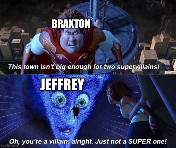 You're a villain alright, just nut a super one | BRAXTON; JEFFREY | image tagged in you're a villain alright just nut a super one | made w/ Imgflip meme maker