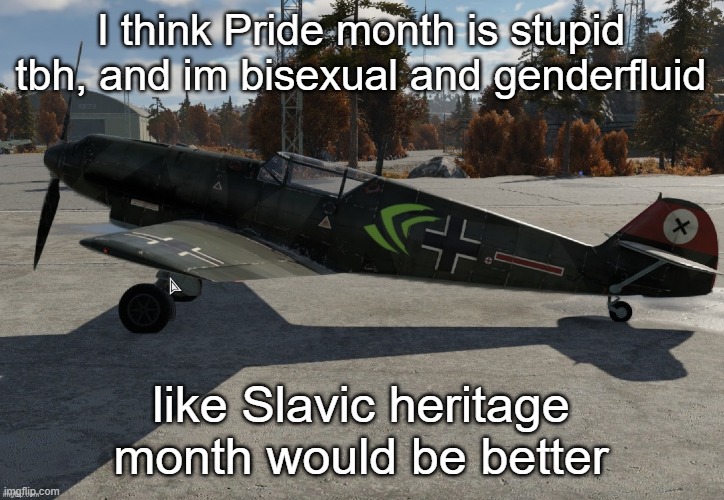 Nvidia plane | I think Pride month is stupid tbh, and im bisexual and genderfluid; like Slavic heritage month would be better | image tagged in nvidia plane | made w/ Imgflip meme maker