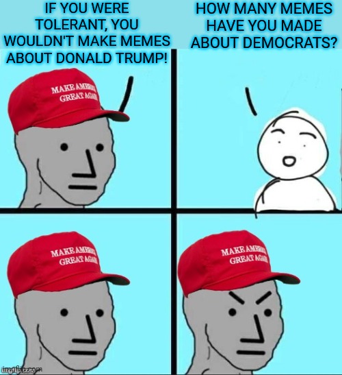 Overheard on another stream. | IF YOU WERE TOLERANT, YOU WOULDN'T MAKE MEMES ABOUT DONALD TRUMP! HOW MANY MEMES HAVE YOU MADE ABOUT DEMOCRATS? | image tagged in maga npc an an0nym0us template,nonsense,politics lol,double standard | made w/ Imgflip meme maker