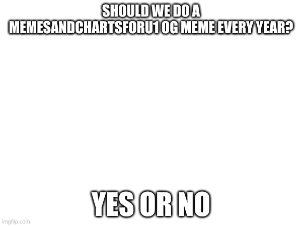 yes or no | SHOULD WE DO A MEMESANDCHARTSFORU1 OG MEME EVERY YEAR? YES OR NO | image tagged in no - yes | made w/ Imgflip meme maker