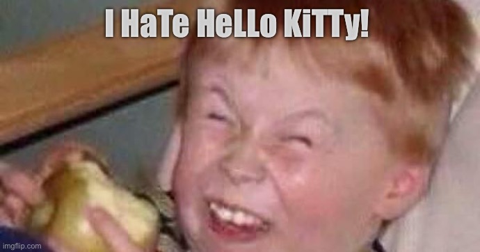 sour apple kid | I HaTe HeLLo KiTTy! | image tagged in sour apple kid | made w/ Imgflip meme maker