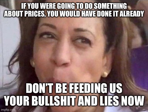 Kamala Harris | IF YOU WERE GOING TO DO SOMETHING ABOUT PRICES, YOU WOULD HAVE DONE IT ALREADY; DON’T BE FEEDING US YOUR BULLSHIT AND LIES NOW | image tagged in kamala harris | made w/ Imgflip meme maker