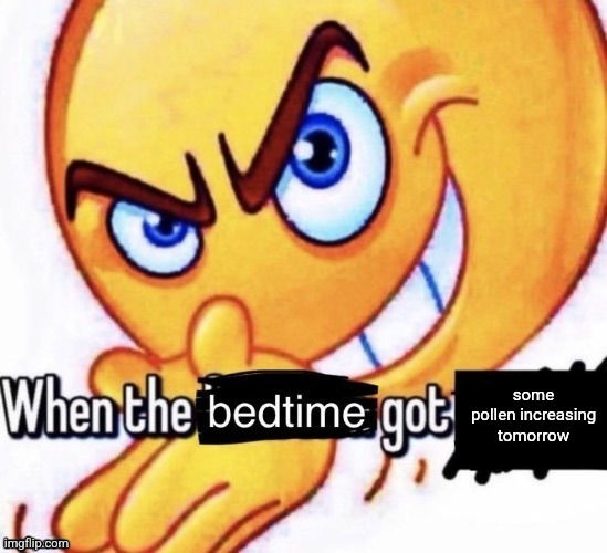 When the bedtime got the severe thunderstorm warning | some pollen increasing tomorrow | image tagged in when the bedtime got the severe thunderstorm warning | made w/ Imgflip meme maker