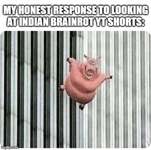 Indian Brainrot YT shorts | MY HONEST RESPONSE TO LOOKING AT INDIAN BRAINROT YT SHORTS: | image tagged in pig jumping off,memes,meme | made w/ Imgflip meme maker