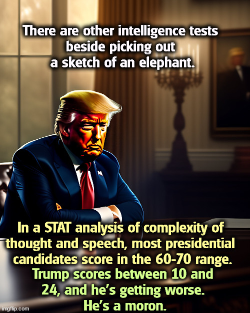 Analytical thinking? How did Trump do? | There are other intelligence tests 
beside picking out 
a sketch of an elephant. In a STAT analysis of complexity of 
thought and speech, most presidential 
candidates score in the 60-70 range. Trump scores between 10 and 
24, and he's getting worse. 
He's a moron. | image tagged in trump,simple,mind,thought,speech,moron | made w/ Imgflip meme maker