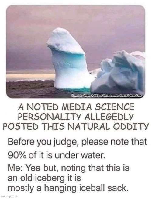 Repost by Tigger & Willy of Risto Juusela, Monty Python Fans; A NOTED MEDIA SCIENCE PERSONALITY ALLEGEDLY POSTED THIS NATURAL ODDITY; Me: Yea but, noting that this is 
an old iceberg it is 
mostly a hanging iceball sack. | made w/ Imgflip meme maker