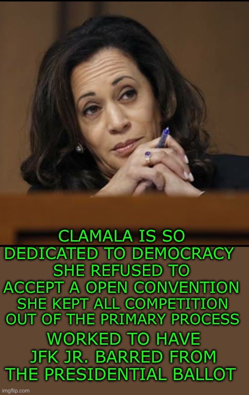I’m here to save Democracy | CLAMALA IS SO DEDICATED TO DEMOCRACY; SHE REFUSED TO ACCEPT A OPEN CONVENTION; SHE KEPT ALL COMPETITION OUT OF THE PRIMARY PROCESS; WORKED TO HAVE JFK JR. BARRED FROM THE PRESIDENTIAL BALLOT | image tagged in kamala harris,democrats | made w/ Imgflip meme maker