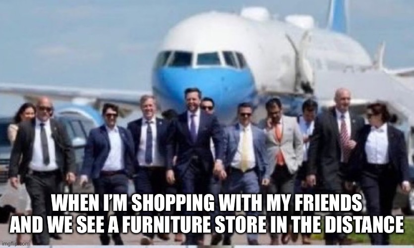 Jd Vance | WHEN I’M SHOPPING WITH MY FRIENDS AND WE SEE A FURNITURE STORE IN THE DISTANCE | image tagged in jd vance | made w/ Imgflip meme maker