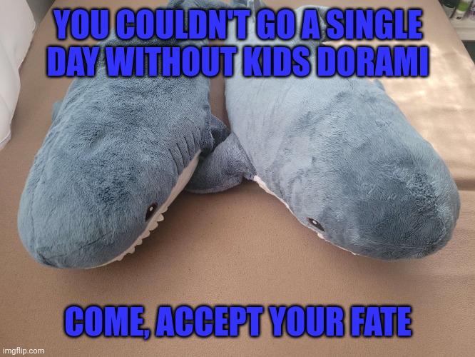 My brother's and my blahaj | YOU COULDN'T GO A SINGLE DAY WITHOUT KIDS DORAMI; COME, ACCEPT YOUR FATE | image tagged in my brother's and my blahaj | made w/ Imgflip meme maker