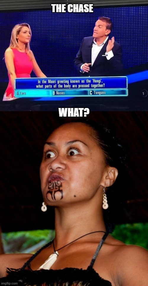 Noses not Ears lol The Chase | THE CHASE; WHAT? | image tagged in the chase,maori | made w/ Imgflip meme maker