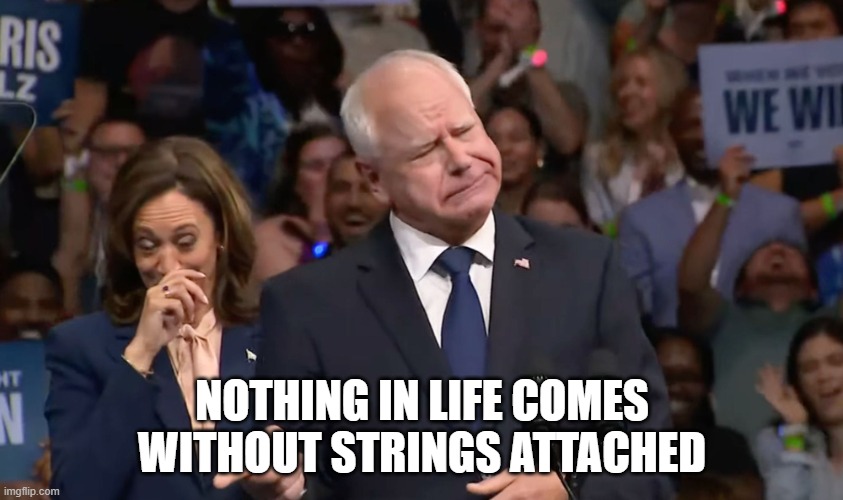 Tim Walz and Kamala Harris | NOTHING IN LIFE COMES WITHOUT STRINGS ATTACHED | image tagged in tim walz and kamala harris | made w/ Imgflip meme maker