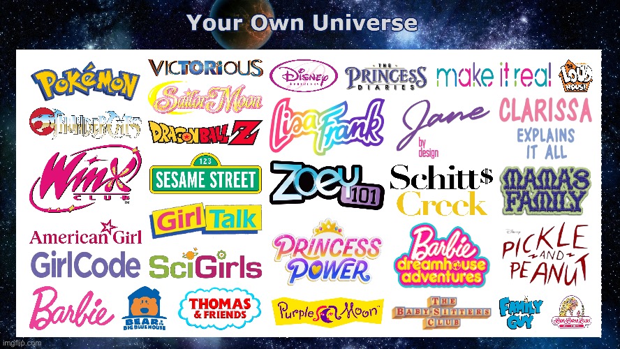 My Own Universe (V.5) | image tagged in pokemon,the loud house,barbie,sailor moon,family guy,dragon ball z | made w/ Imgflip meme maker