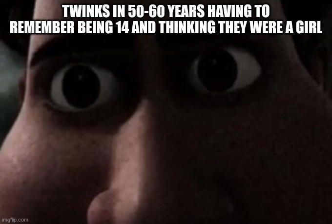 Titan stare | TWINKS IN 50-60 YEARS HAVING TO REMEMBER BEING 14 AND THINKING THEY WERE A GIRL | image tagged in titan stare | made w/ Imgflip meme maker