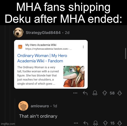 I have never watched the show. Yes this was on r/Losercity why did you ask? | MHA fans shipping Deku after MHA ended: | made w/ Imgflip meme maker