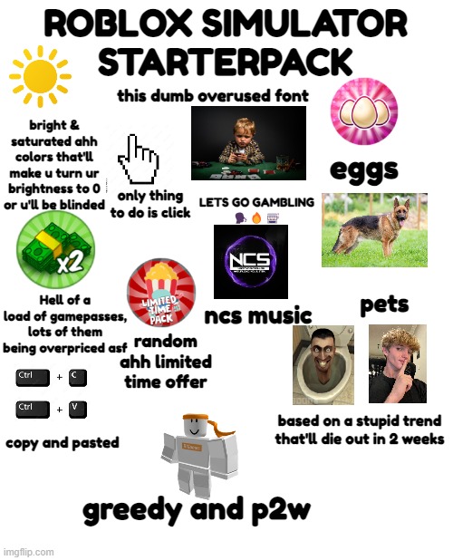 simulator starterpack | ROBLOX SIMULATOR
STARTERPACK; this dumb overused font; bright & saturated ahh colors that'll make u turn ur brightness to 0 or u'll be blinded; eggs; only thing to do is click; LETS GO GAMBLING
🗣️🔥🎰; Hell of a load of gamepasses, lots of them being overpriced asf; pets; ncs music; random ahh limited time offer; based on a stupid trend that'll die out in 2 weeks; copy and pasted; greedy and p2w | image tagged in blank white template | made w/ Imgflip meme maker