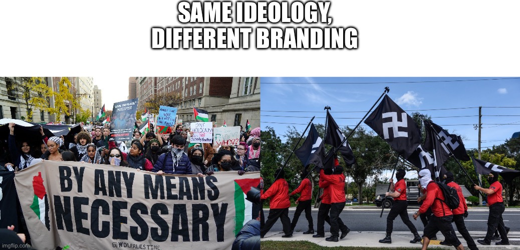 Same thing | SAME IDEOLOGY, DIFFERENT BRANDING | image tagged in palestine,nazi | made w/ Imgflip meme maker