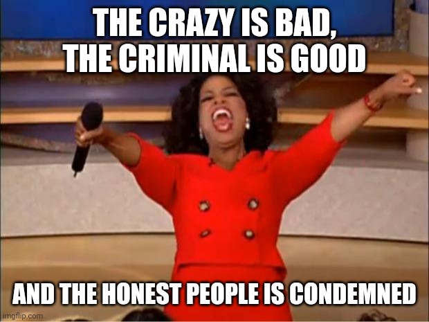 condemn | THE CRAZY IS BAD, THE CRIMINAL IS GOOD; AND THE HONEST PEOPLE IS CONDEMNED | image tagged in memes,oprah you get a | made w/ Imgflip meme maker